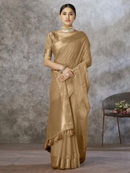 Akhilam - Womens Cotton Silk Gold Stripes Woven Saree with Unstitched Blouse