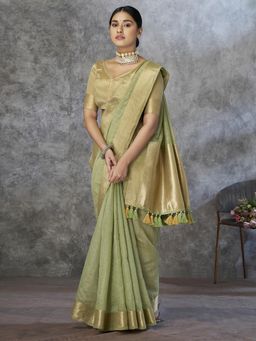 Akhilam - Womens Cotton Silk Light Green Stripes Woven Saree with Unstitched Blouse