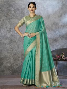 Akhilam - Womens Cotton Silk Sea Green Stripes Woven Saree with Unstitched Blouse