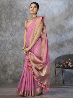 Akhilam - Womens Cotton Silk Pink Stripes Woven Saree with Unstitched Blouse