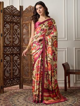 Akhilam - Womens Satin Beige Floral Printed Saree with Unstitched Blouse
