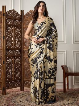 Akhilam - Womens Satin Beige Floral Printed Designer Saree with Unstitched Blouse