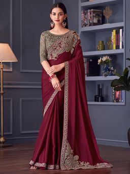 Akhilam - Womens Maroon Embroidered Embellished Saree with Unstitched Blouse