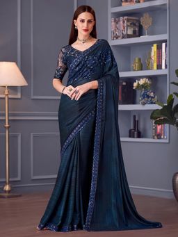 Akhilam - Womens Georgette Navy Blue Embellished Saree with Unstitched Blouse
