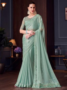 Akhilam - Womens Chiffon Green Embellished Designer Saree with Unstitched Blouse