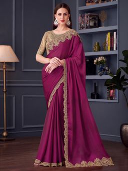 Akhilam - Womens Satin Wine Embroidered Embellished Saree with Unstitched Blouse