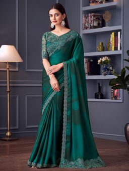 Akhilam - Womens Satin Green Embroidered Embellished Saree with Unstitched Blouse