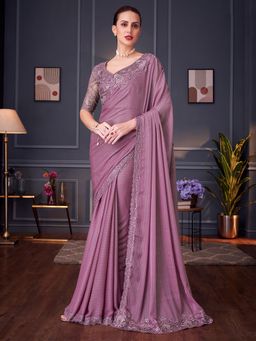 Akhilam - Womens Mauve Embroidered Embellished Saree with Unstitched Blouse