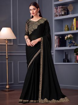Akhilam - Womens Black Embroidered Embellished Designer Saree with Unstitched Blouse