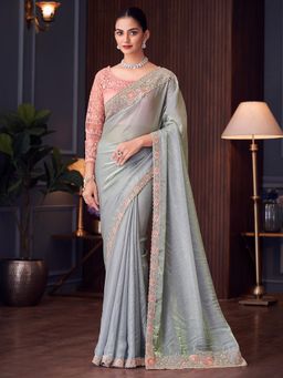 Akhilam - Womens Grey Embroidered Embellished Designer Saree with Unstitched Blouse
