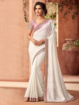 Akhilam - Womens Chiffon White Embroidered Sequined Saree with Unstitched Blouse