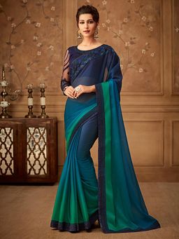 Akhilam - Womens Chiffon Teal Ombre Embellished Saree with Unstitched Blouse