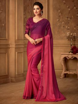 Akhilam - Womens Chiffon Wine Ombre Embellished Saree with Unstitched Blouse