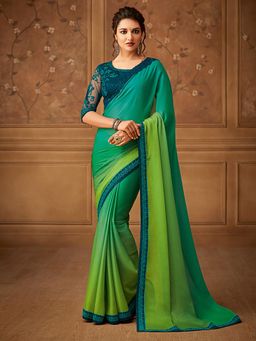 Akhilam - Womens Chiffon Green Ombre Embroidered Saree with Unstitched Blouse