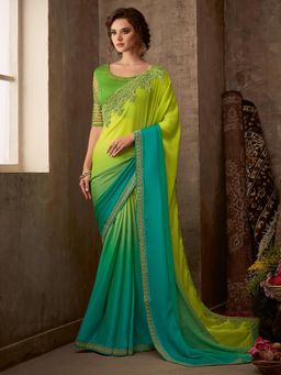 Akhilam - Womens Chiffon Light Green Embroidered Designer Saree with Unstitched Blouse
