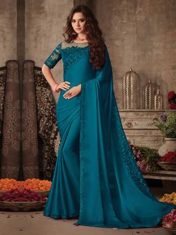 Akhilam - Womens Silk Teal Embellished Designer Saree with Unstitched Blouse