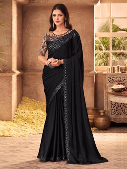 Akhilam - Womens Chiffon Black Embellished Designer Saree with Unstitched Blouse