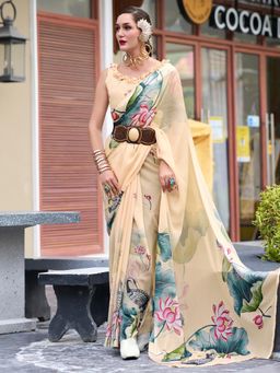Akhilam - Womens Georgette Beige Floral Printed Saree with Unstitched Blouse