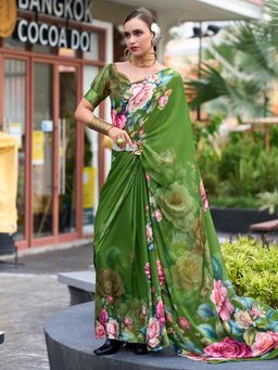 Akhilam - Womens Georgette Green Floral Printed Saree with Unstitched Blouse