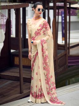 Akhilam - Womens Chiffon Beige Floral Printed Design Saree with Unstitched Blouse