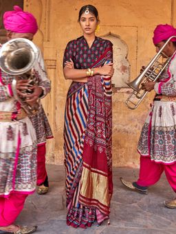 Akhilam - Womens Silk Blend Multi-Color Stripes Printed Saree with Unstitched Blouse