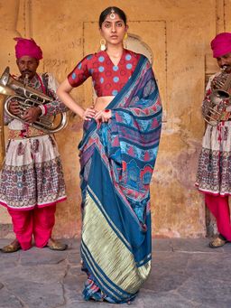 Akhilam - Womens Silk Blend Blue Printed Saree with Unstitched Blouse