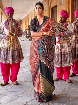 Akhilam - Womens Silk Blend Multi-Color Stripes Printed Saree with Unstitched Blouse