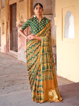 Akhilam - Womens Silk Blend Mustard Printed Designer Saree with Unstitched Blouse