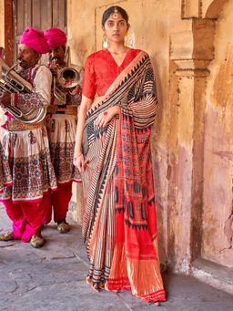 Akhilam - Womens Silk Blend Beige Printed Designer Saree with Unstitched Blouse