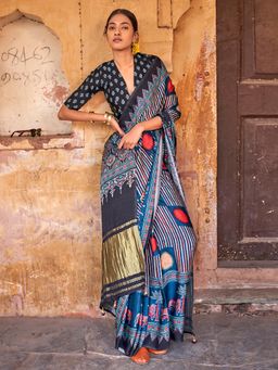 Akhilam - Womens Silk Blend Navy Blue Printed Designer Saree with Unstitched Blouse