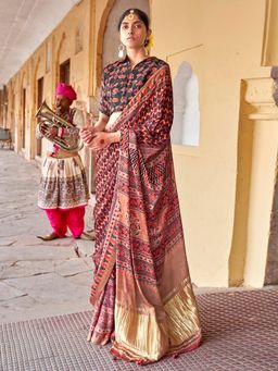 Akhilam - Womens Silk Blend Brown Printed Designer Saree with Unstitched Blouse