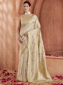 Akhilam - Womens Silk Blend Cream Zari Woven Design Saree with Unstitched Blouse
