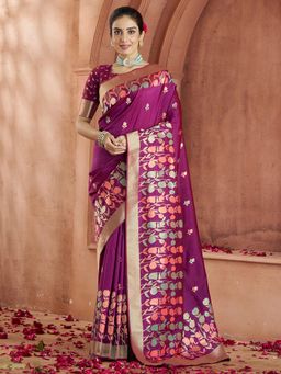 Akhilam - Womens Silk Blend Wine Zari Woven Design Saree with Unstitched Blouse