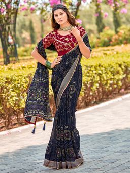 Akhilam - Womens Chiffon Navy Blue Printed Bandhani Saree with Unstitched Blouse
