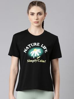 Xtep - Women Black Cotton Blend Crew Neck Half Sleeves T-Shirt