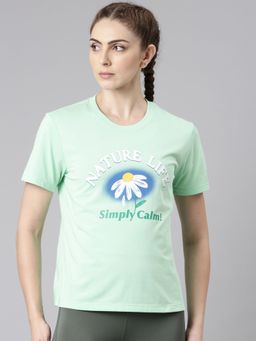 Xtep - Women Green Cotton Blend Crew Neck Half Sleeves T-Shirt