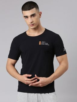 Xtep - Men Black Nylon Crew Neck Half Sleeves T-Shirt