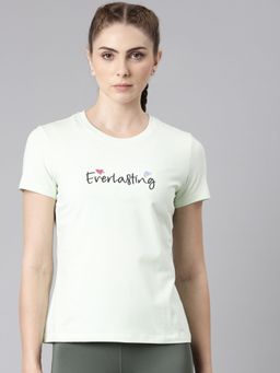 Xtep - Women Green Cotton Blend Crew Neck Half Sleeves T-Shirt