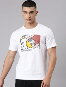 Xtep - Men White Cotton Blend Crew Neck Half Sleeves T-Shirt