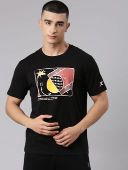 Xtep - Men Black Cotton Blend Crew Neck Half Sleeves T-Shirt