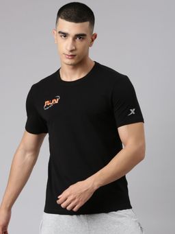 Xtep - Men Black Cotton Blend Crew Neck Half Sleeves T-Shirt