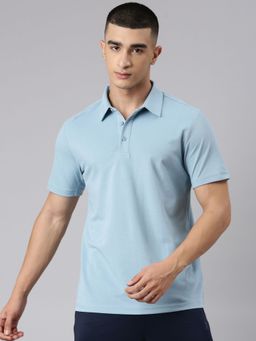 Xtep - Men Blue Cotton Blend Collar Neck Half Sleeves T-Shirt