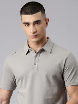 Xtep - Men Grey Cotton Blend Collar Neck Half Sleeves T-Shirt