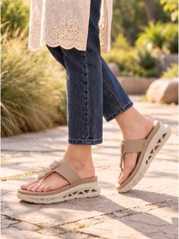 SHOE BEE - Women Metallic Cutout Medallion Platform Sandals - Beige