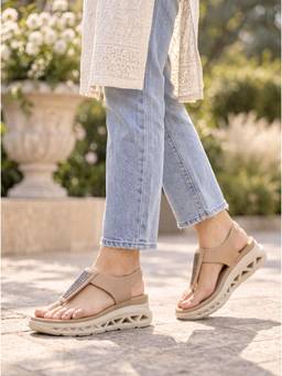 SHOE BEE - Women Shimmer T-Strap Cushion Platform Sandals - Beige