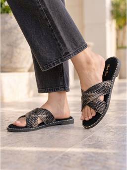 SHOE BEE - Metallic Woven Criss-Cross Flats - Black