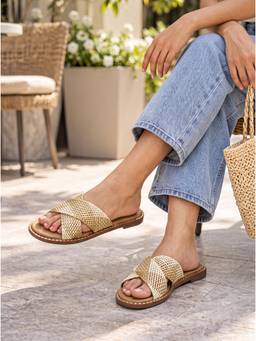 SHOE BEE - Metallic Woven Criss-Cross Flats - Gold