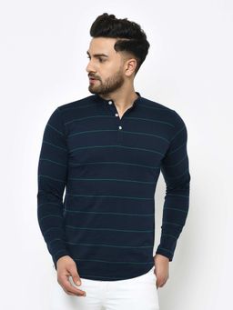 RIGO - Men Blue Stripe Henley Full Sleeve Cotton T-Shirt