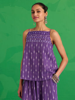 Okhai - Mulberry Hand-Embroidered Pure Cotton Ikkat Purple Top