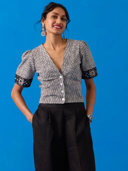 Okhai - Pasapali Mirror Work Ikkat Pure Cotton Top